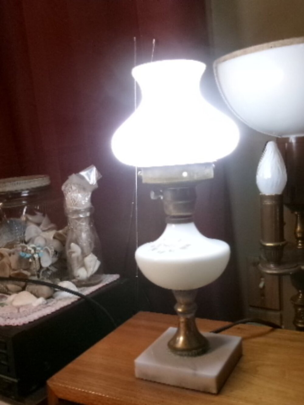 vtg milk glass painted hurricane lamp brass and marble stand 15in dresser lamp